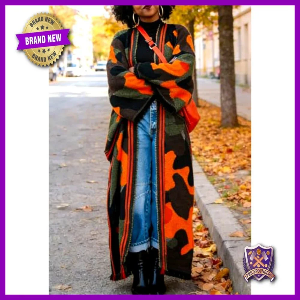 Long Camo Cardigan Open Front Oversized Chunky Knit Duster Sweater Coat - Picture 5 of 6